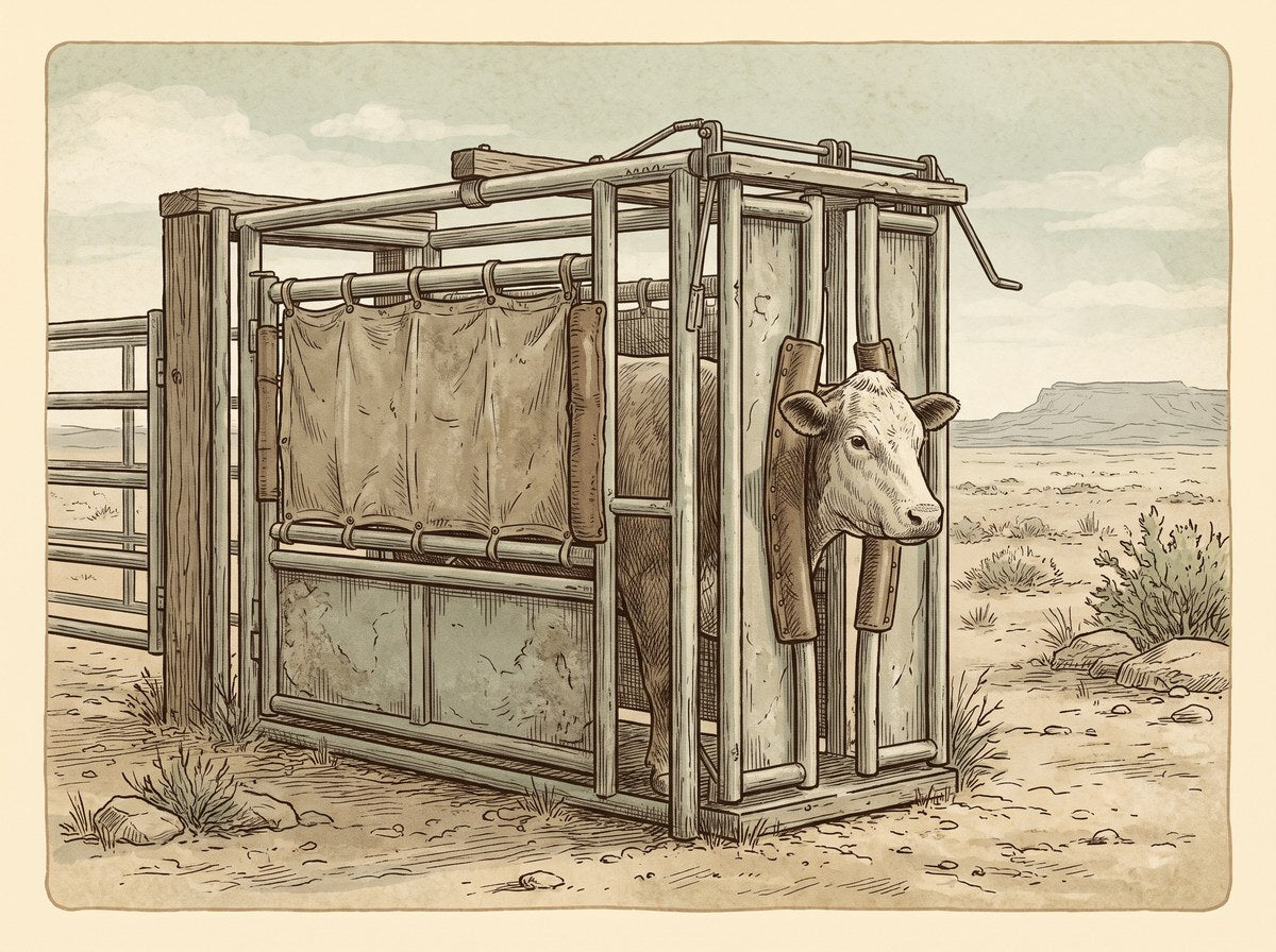 Archival-style illustration of a 1965 cattle squeeze chute, whose padded sides hold the animal with gentle, even pressure